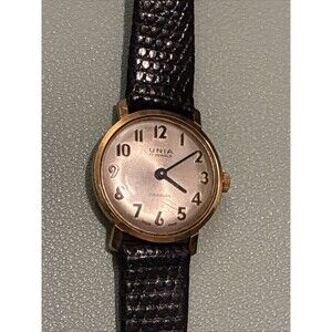 Vintage 70s UNIA 17 Jewel Swiss Womens Wrist Watch Incabloc Antimagnetic Leather
